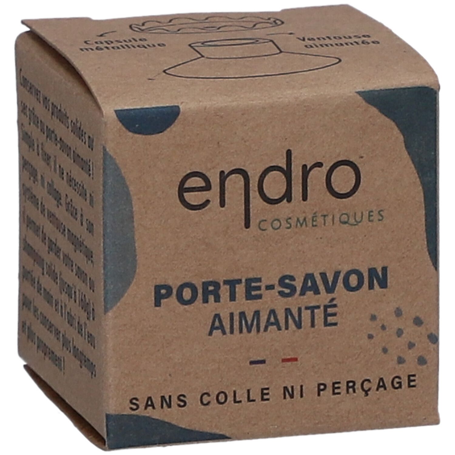 Kartonnen doos van de Endro Magnetische Zeephouder. Opschrift: Porte-Savon Aimanté. Zonder lijm of boren. Endro-logo.