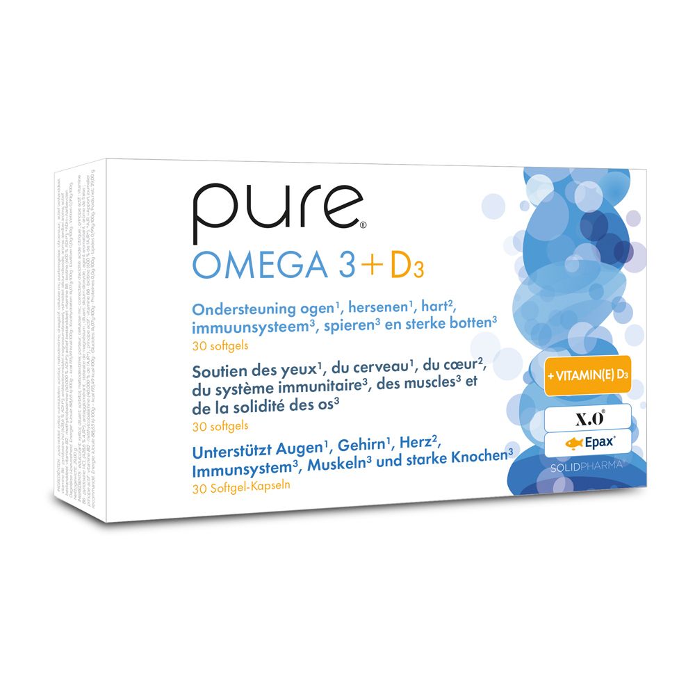 Achterkant witte doos Pure Omega 3 + D3. Meertalige tekst. Blauwe elementen.