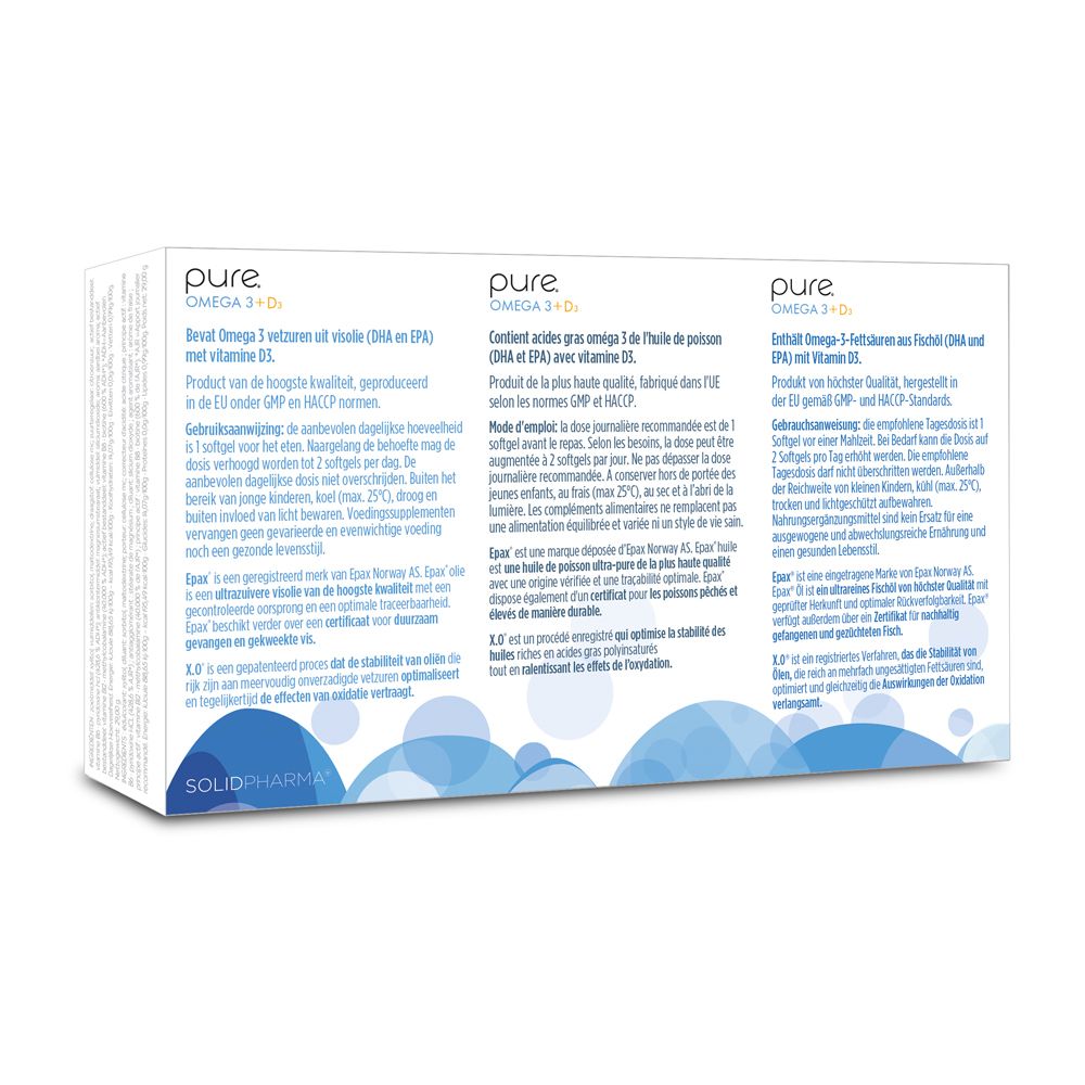 Achterkant witte doos Pure Omega 3 + D3. Meertalige tekst. Blauwe elementen.
