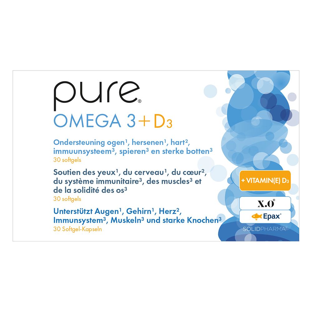 Witte doos Pure Omega 3 + D3, 30 softgels. Blauwe en oranje elementen. Meertalige tekst.