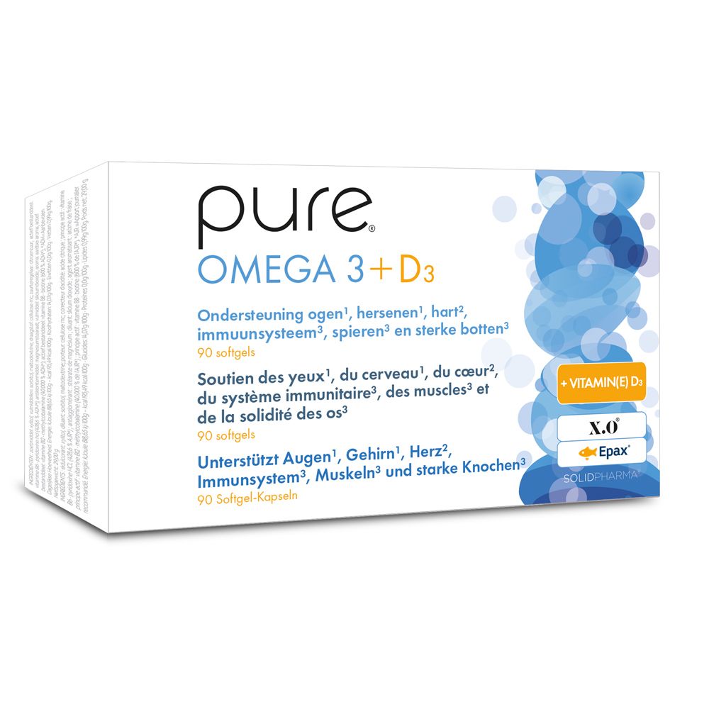 Boîte blanche avec texte. pure OMEGA 3 + D3. 90 gélules. Vagues bleues en arrière-plan.