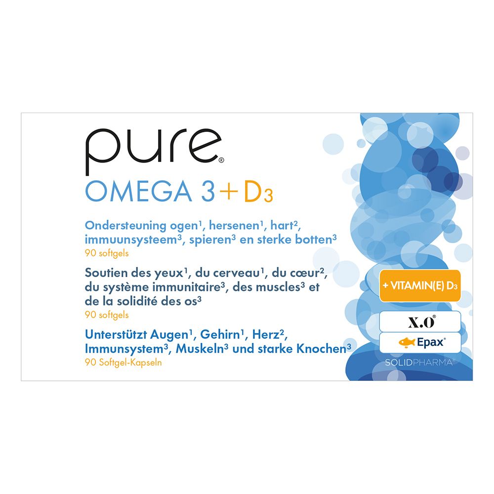 Boîte blanche avec texte. pure OMEGA 3 + D3. 90 gélules. Vagues bleues en arrière-plan.