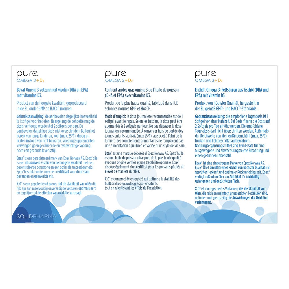 Dos de l'emballage avec texte. Texte: pure OMEGA 3 + D3. Informations produit en 3 langues.
