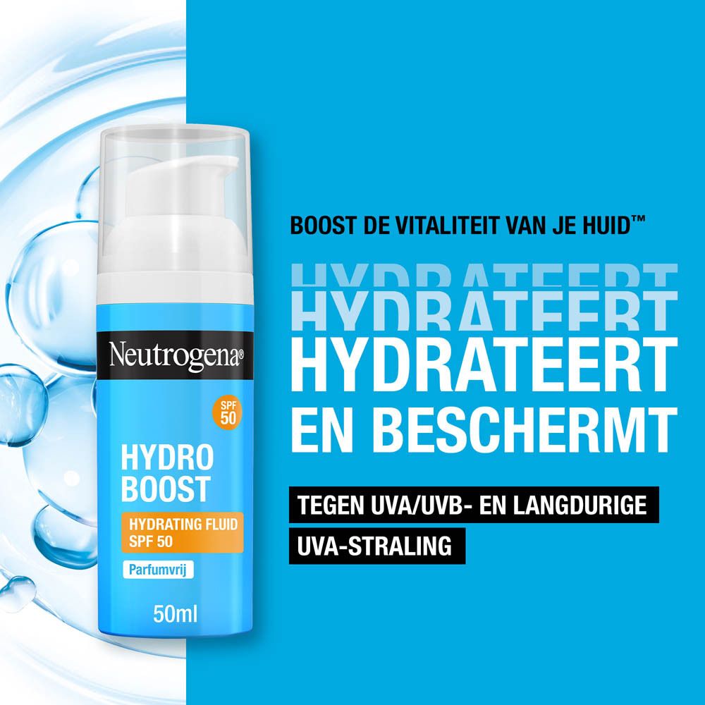 Neutrogena Hydro Boost Hydraterende Fluid SPF 50. Product en tekst op blauwe achtergrond.