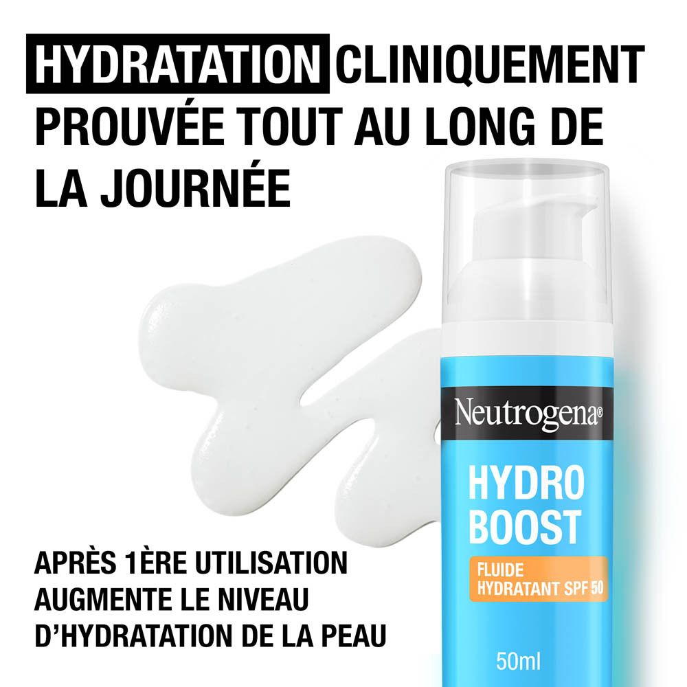 Neutrogena Hydro Boost Fluide Hydratant SPF 50. Produit et texte sur fond bleu.
