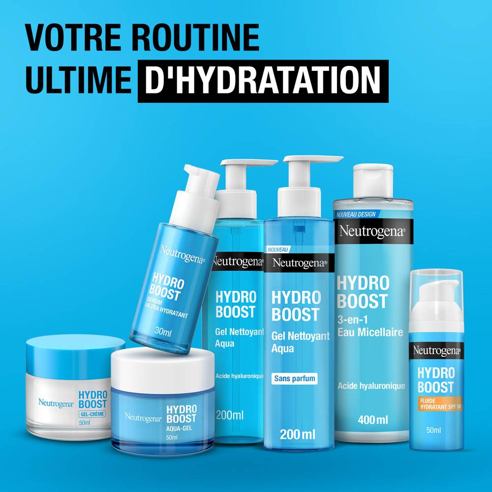 Neutrogena Hydro Boost Fluide Hydratant SPF 50. Produit et texte sur fond bleu.