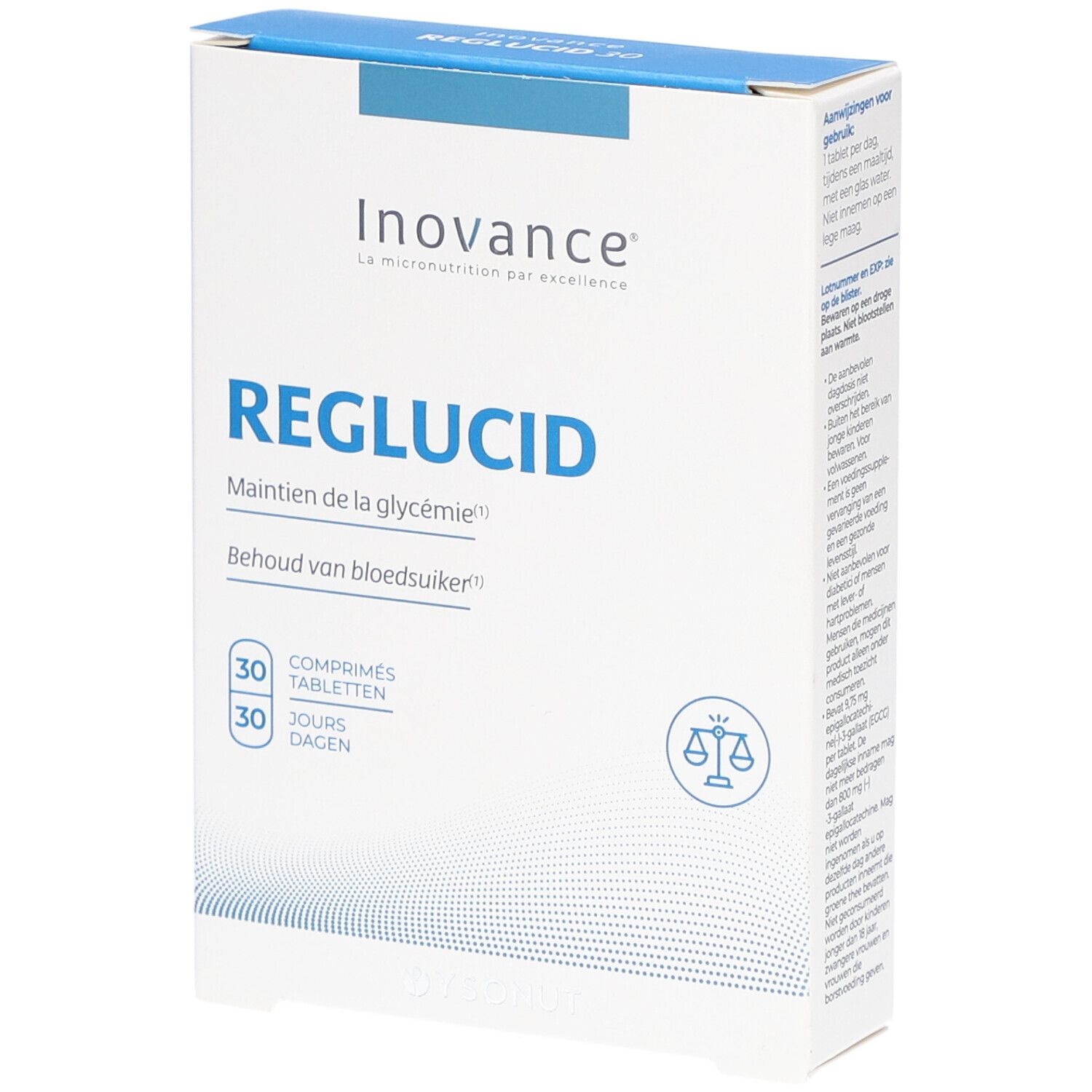 Boîte Inovance Reglucid. Inscription: Reglucid, 30 comprimés, 30 jours. Logo: Balance.