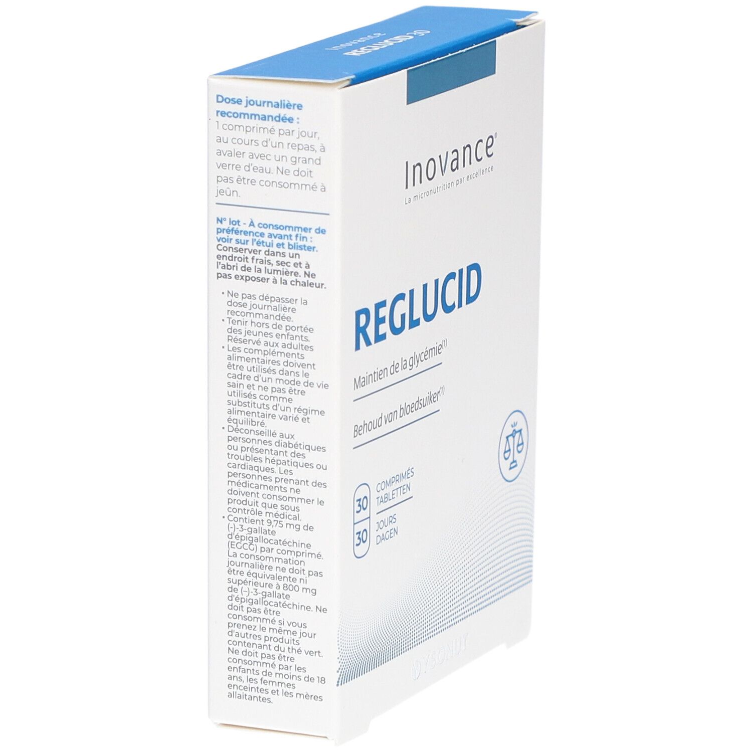 Boîte Inovance Reglucid, vue latérale. Texte: Reglucid, 30 comprimés, 30 jours. Sur le côté: Recommandations de dosage.