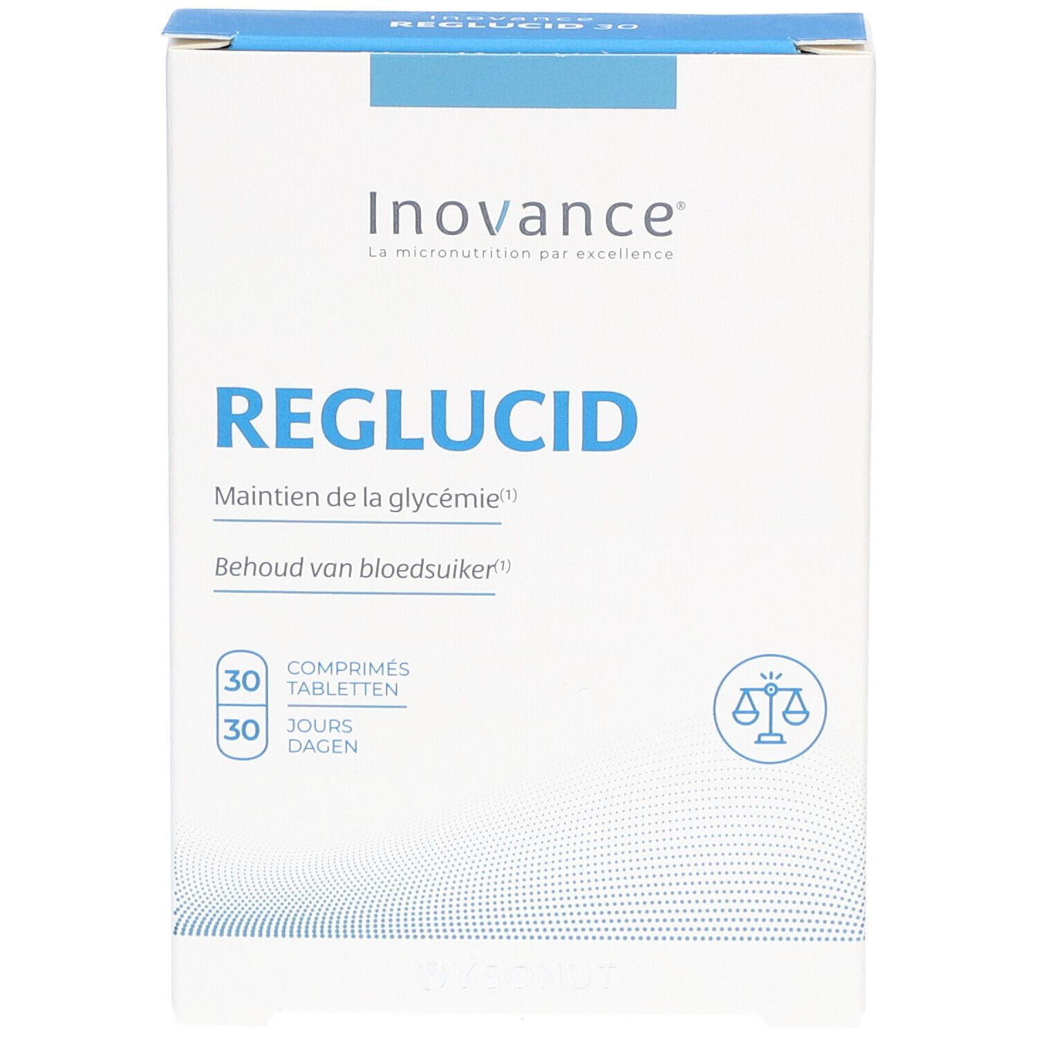 Boîte Inovance Reglucid. Texte: Reglucid, 30 comprimés, 30 jours. Logo: Balance.