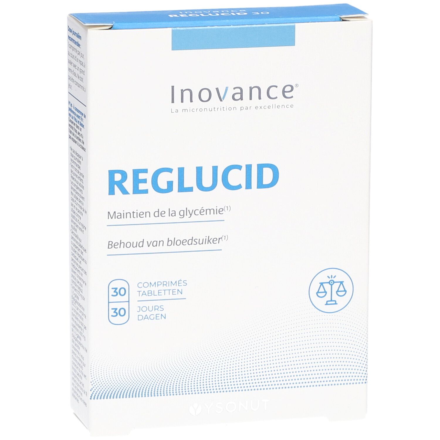 Boîte Inovance Reglucid. Texte: Reglucid, 30 comprimés, 30 jours. Logo: Balance.