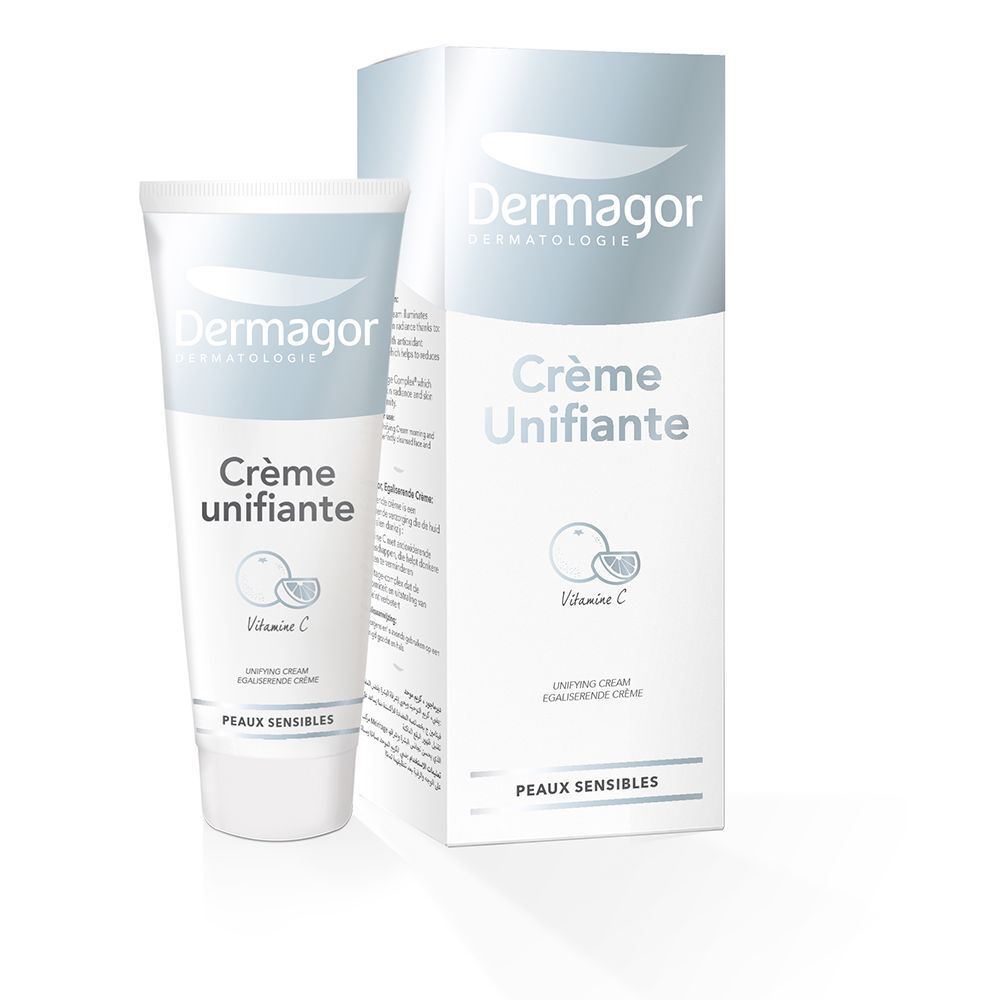 Crèmetube en doos. Opschrift: Dermagor Crème Unifiante. Met vitamine C. Voor gevoelige huid.