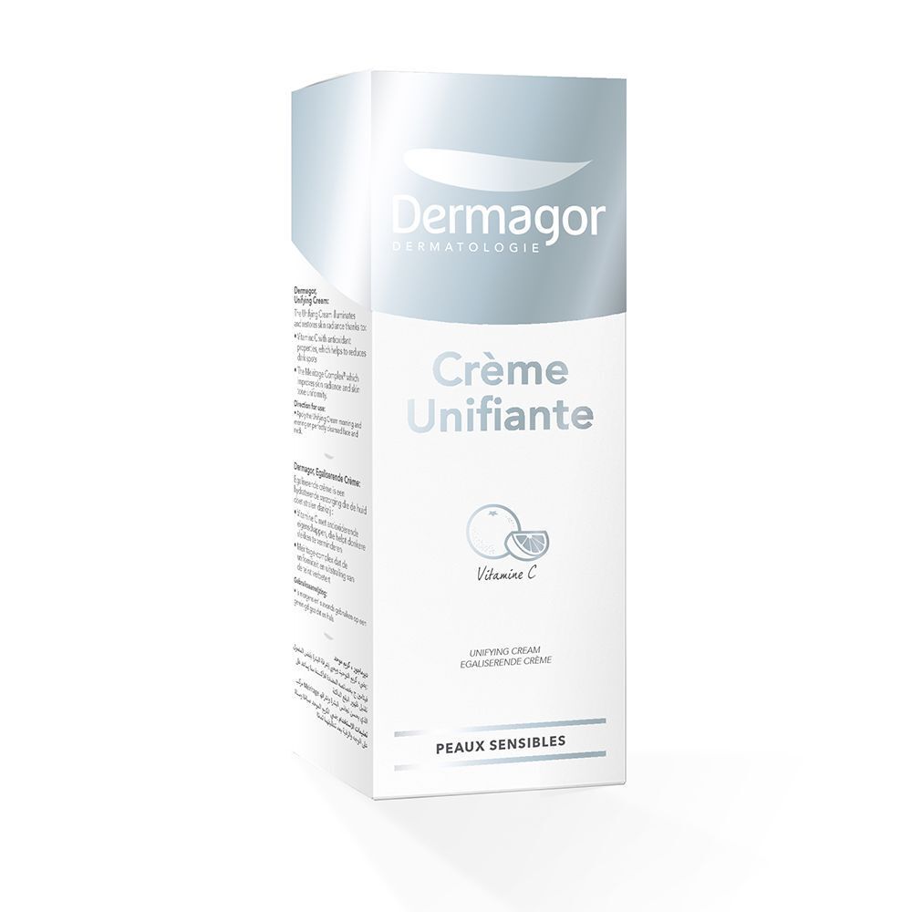 Doos met Dermagor Crème Unifiante. Opschrift: Crème Unifiante. Met vitamine C. Voor gevoelige huid.