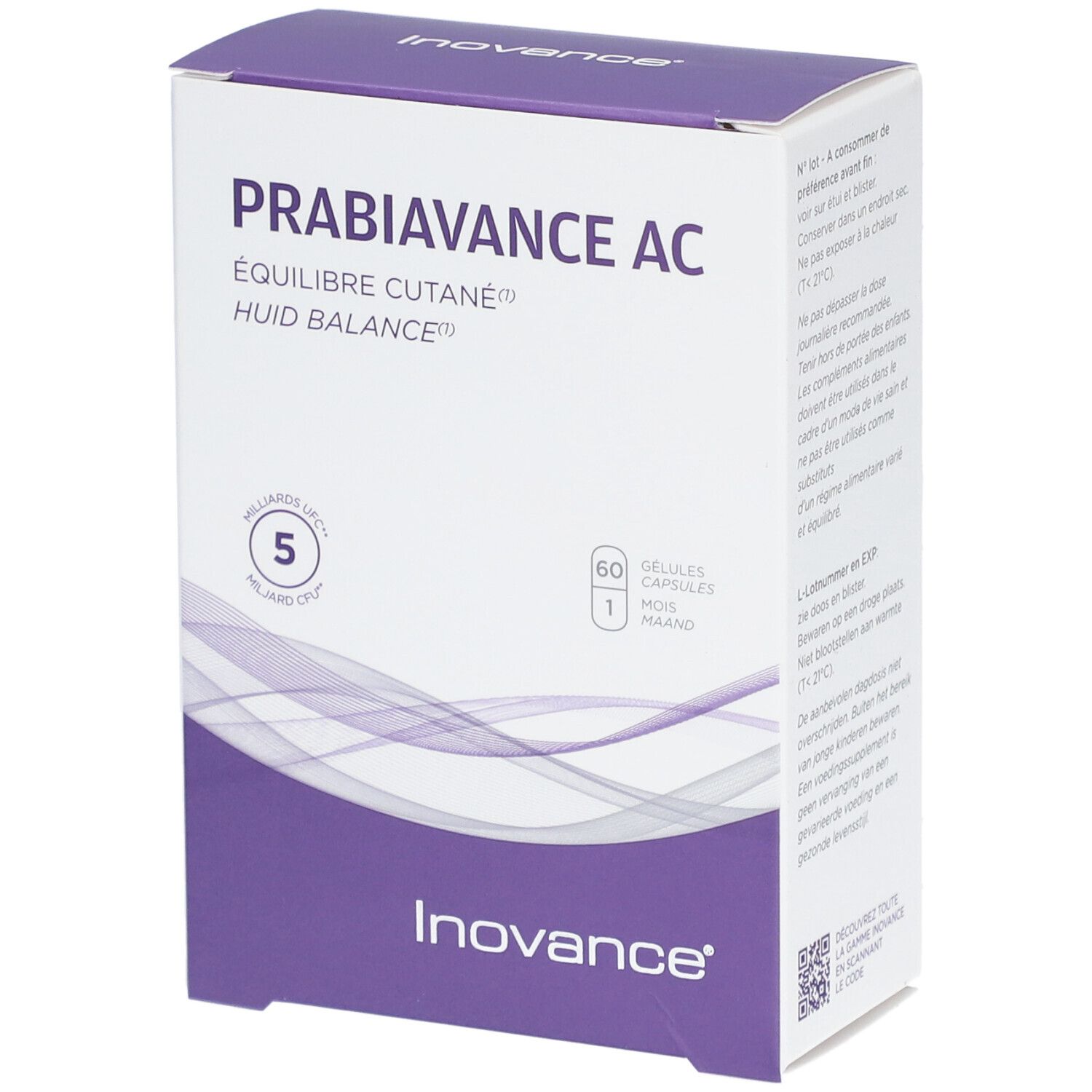Boîte Inovance Probiovance AC. Boîte blanche et violette avec nom et logo du produit. Contient 60 gélules.