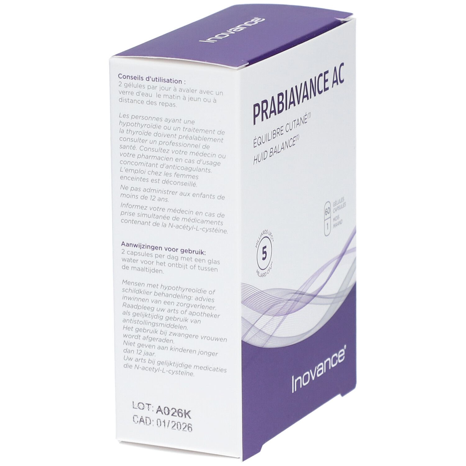 Dos de la boîte Inovance Probiovance AC. Texte multilingue. Contient des informations d'utilisation.