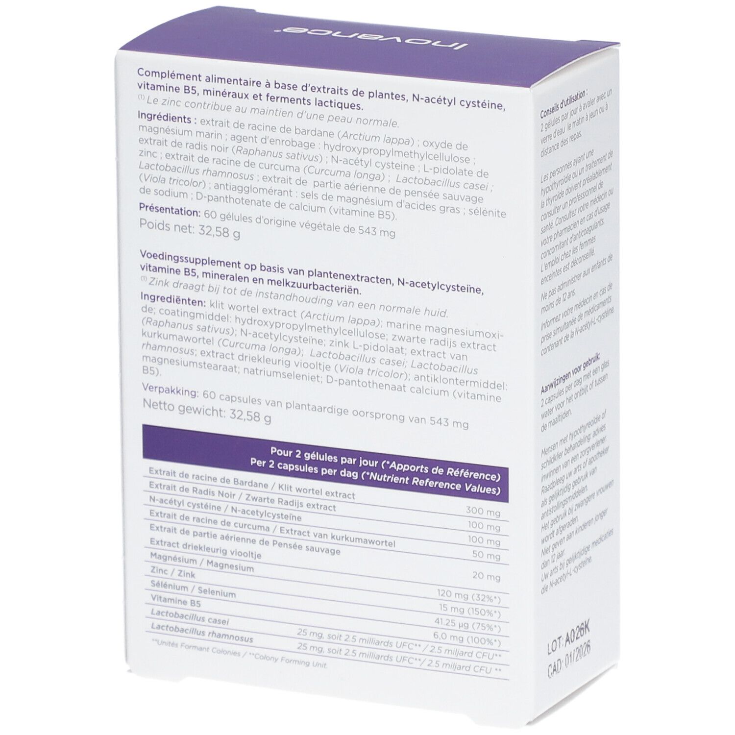 Côté de la boîte Inovance Probiovance AC. Contient ingrédients et informations nutritionnelles. Texte multilingue.