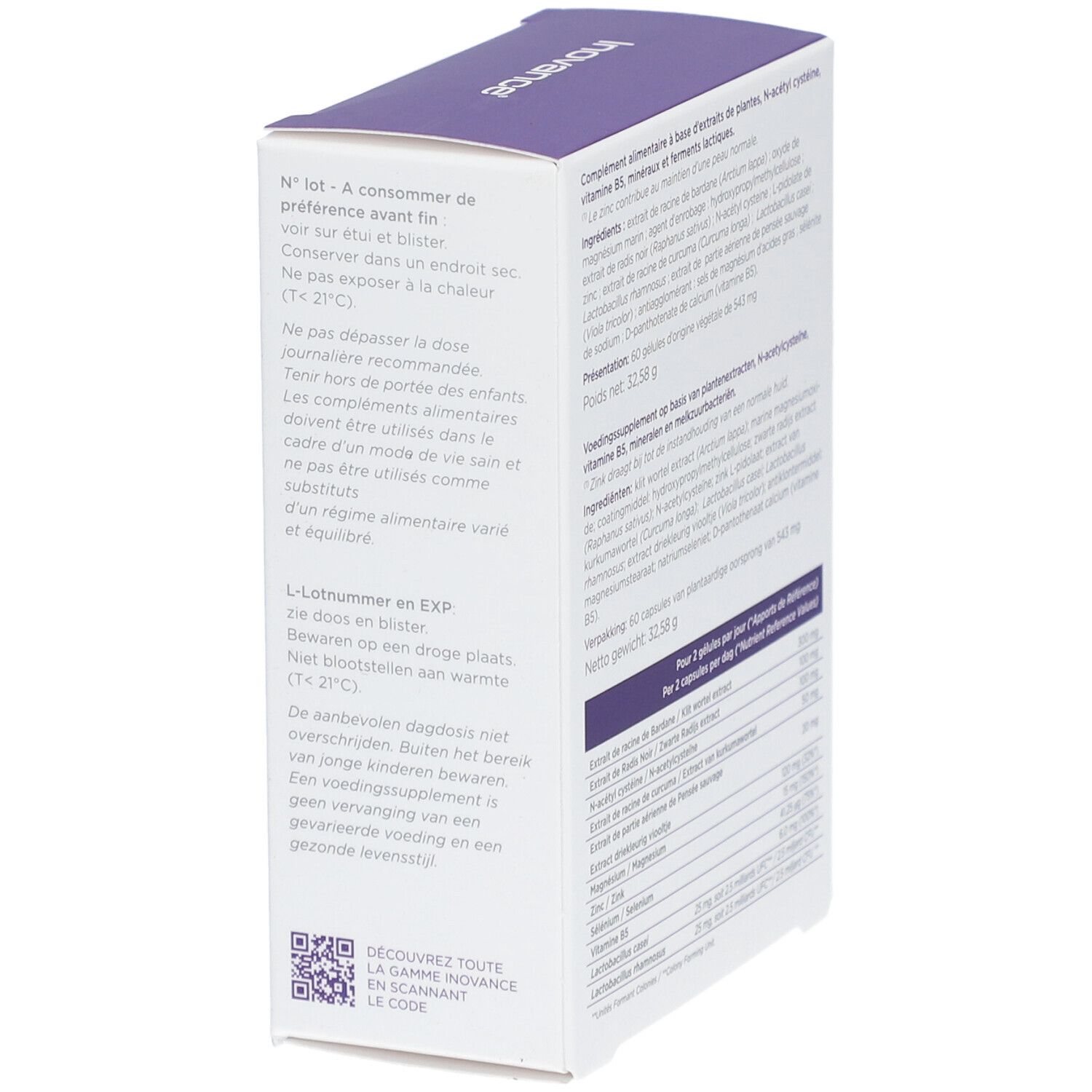 Vue en biais de la boîte Inovance Probiovance AC. Texte multilingue. Contient des informations de stockage.