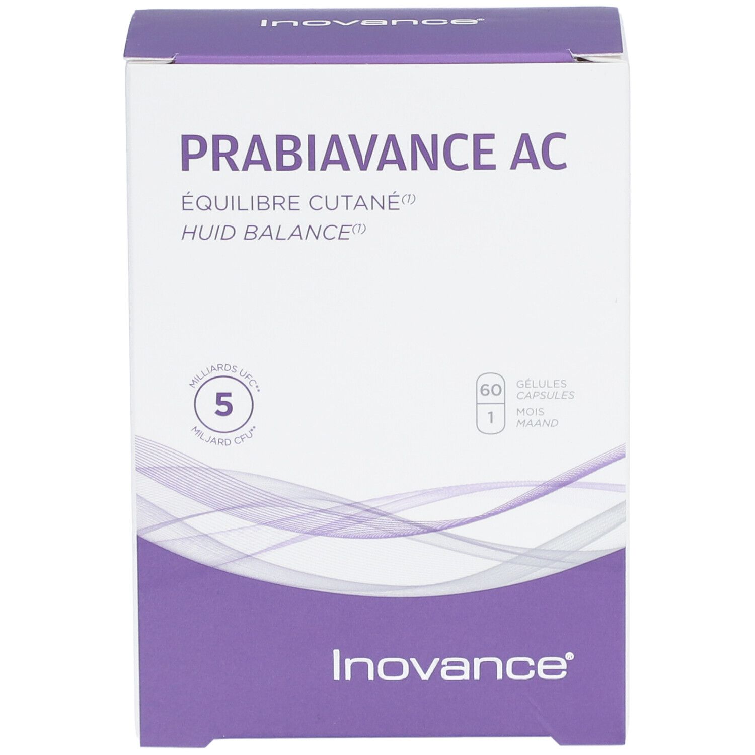 Vue de face de la boîte Inovance Probiovance AC. Boîte blanche et violette avec nom et logo du produit.