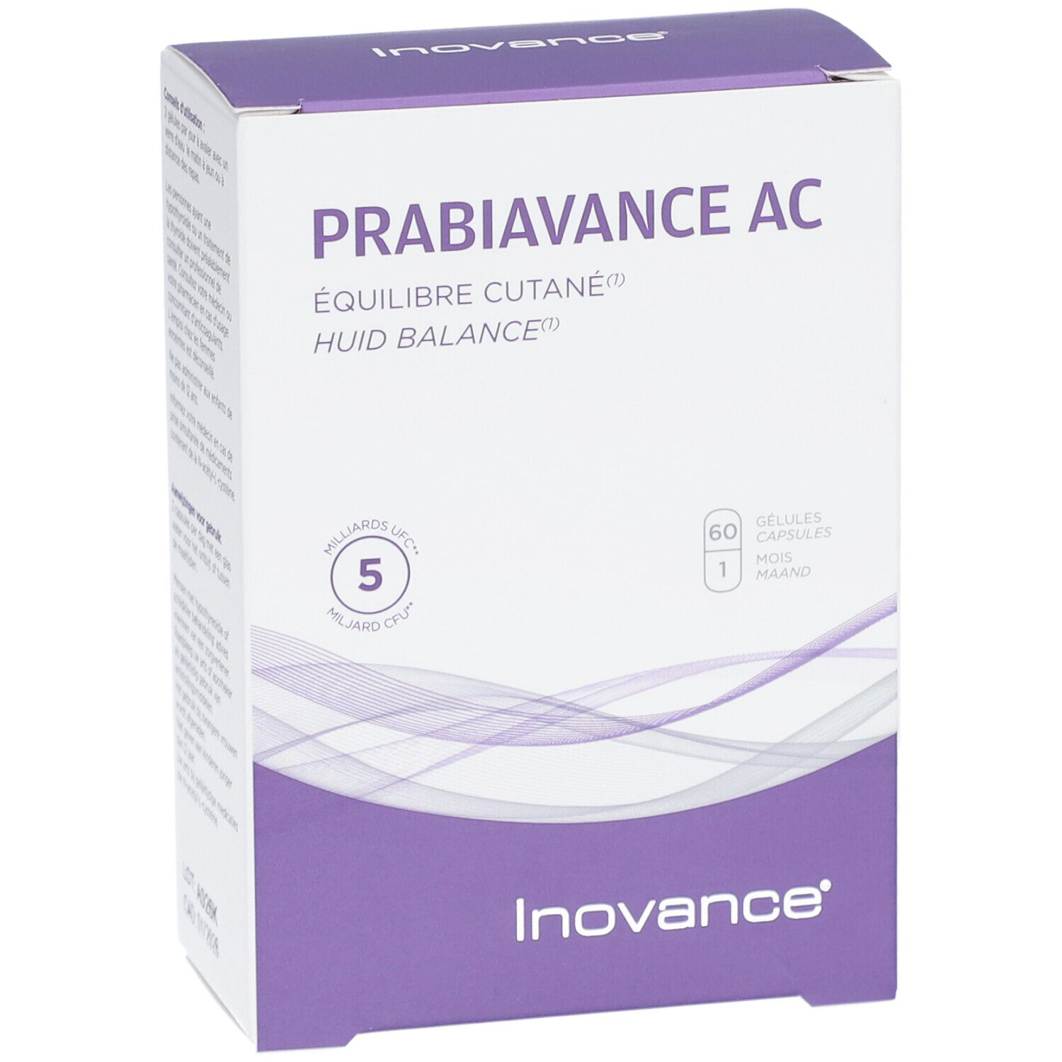Vue de face de la boîte Inovance Probiovance AC. Boîte blanche et violette avec nom et logo du produit.