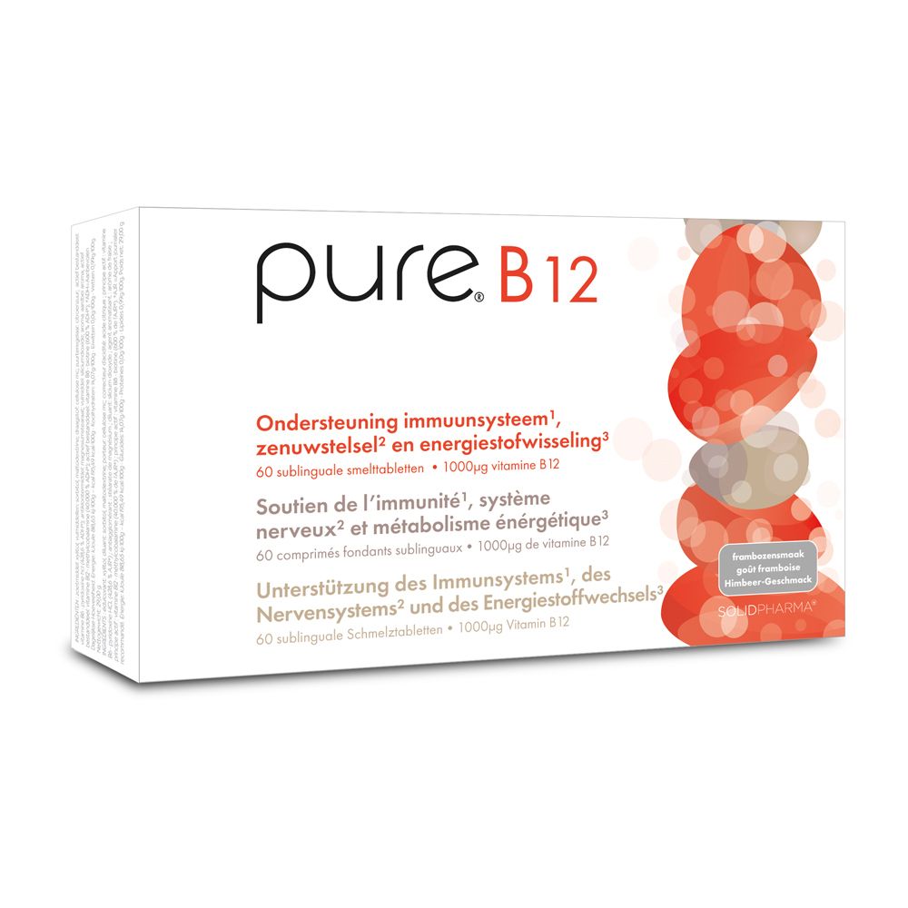 Witte doos met "pure. B12". Meertalige tekst. Rode en grijze designelementen.