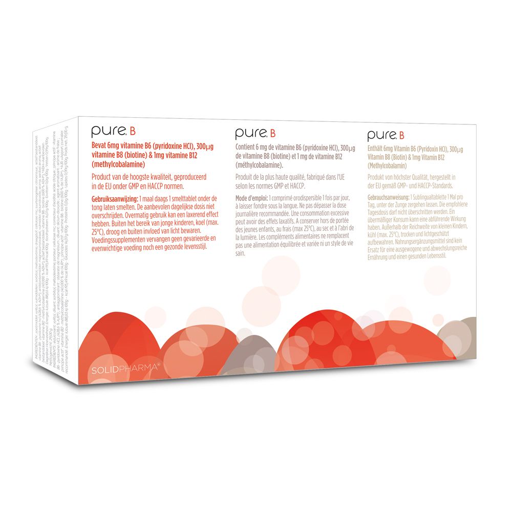 Dos de l'emballage "pure. B12". Texte multilingue. Éléments de design rouges.