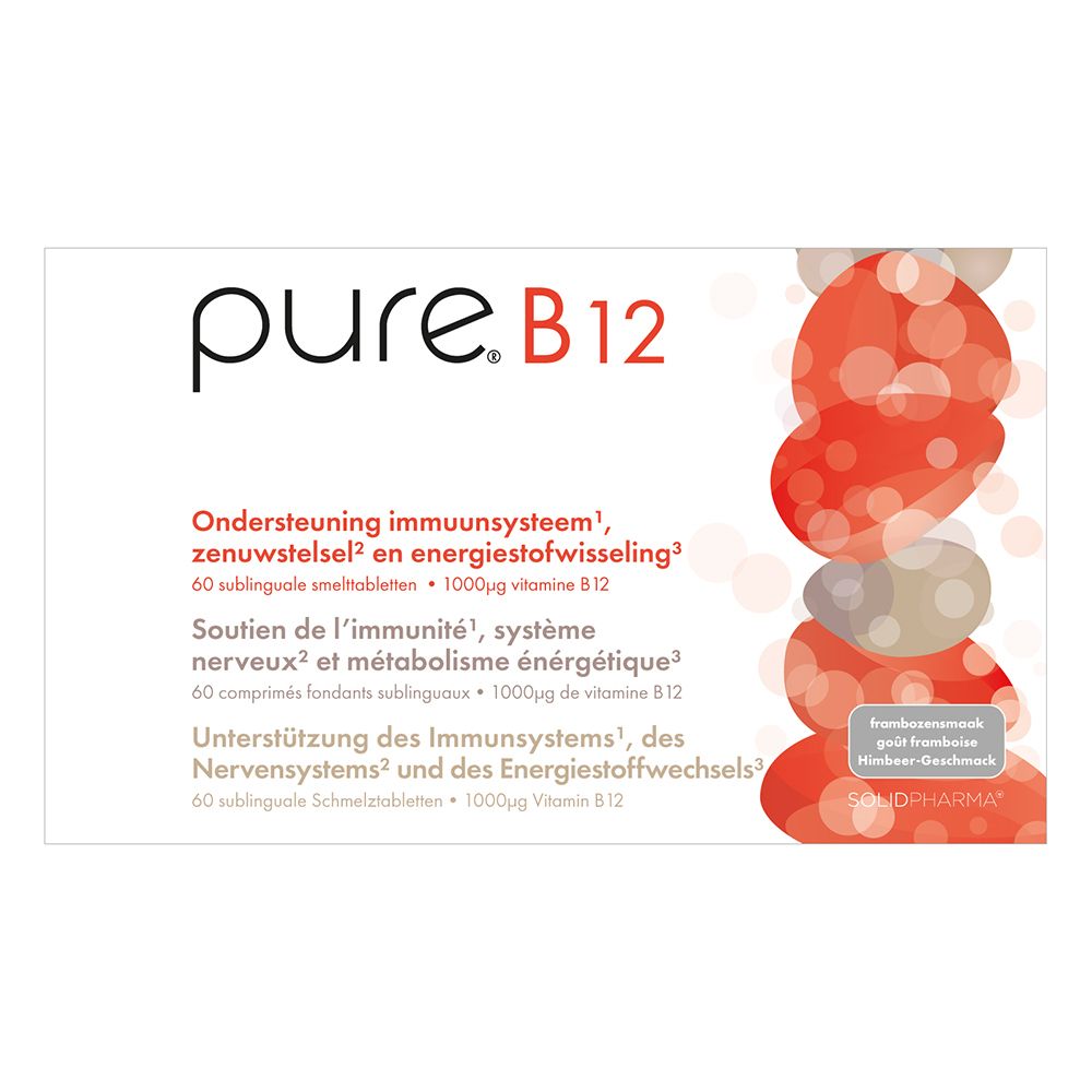 Witte doos met "pure. B12" logo. Meertalige tekst. Rode en grijze designelementen.
