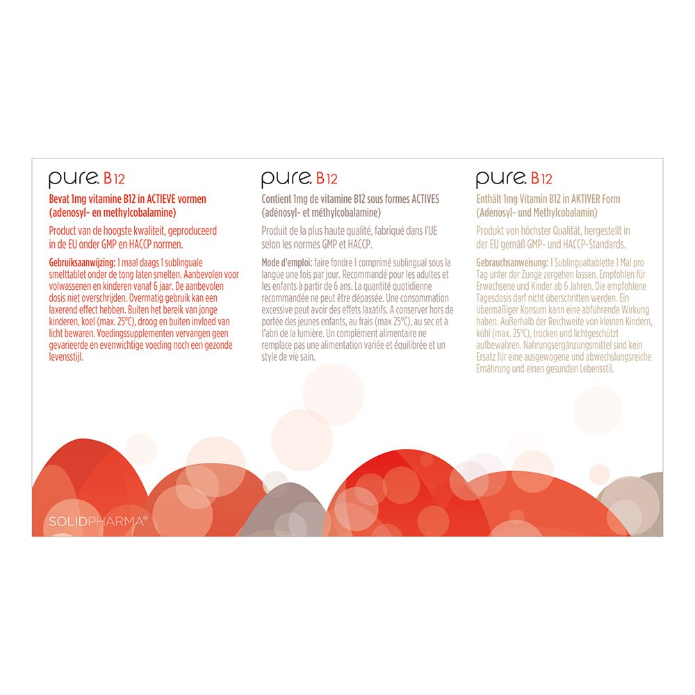 Achterkant van de "pure. B12" verpakking. Meertalige tekst. Rode designelementen.