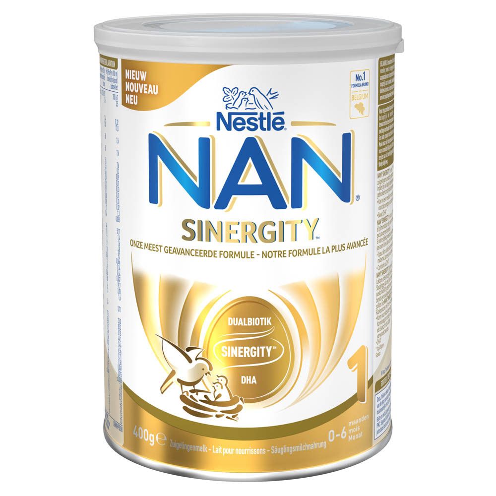 Blik Nestlé NAN Sinergity 1, 0-6 maanden. Gouden design met logo en productnaam. Bevat DHA. 400g.