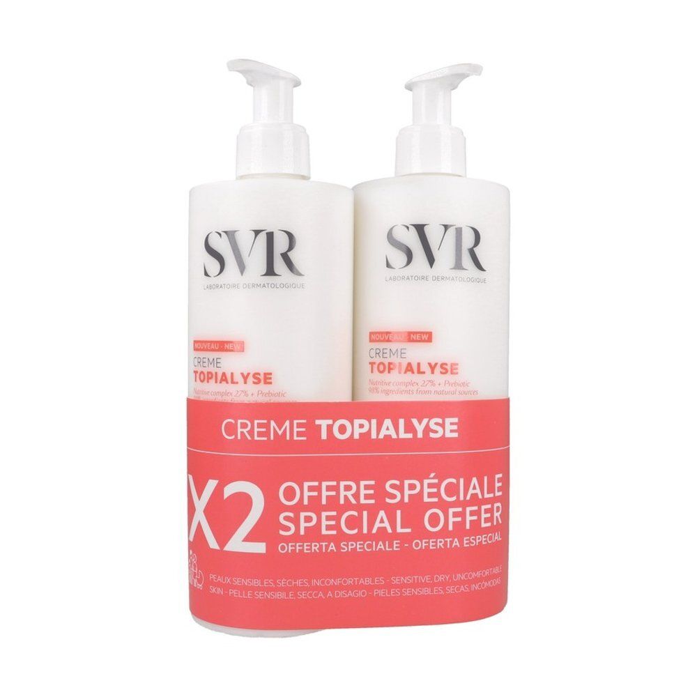 Twee witte pompflessen SVR Topialyse Crème, verbonden door een roze sticker. Opschrift: SVR, Crème Topialyse, X2, Speciale Aanbieding, Special Offer.