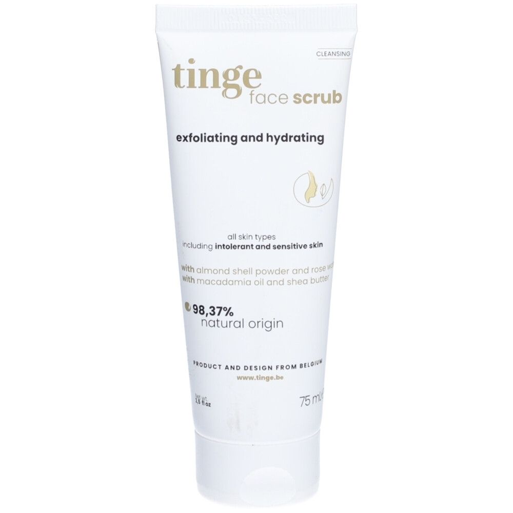 Tinge Gezichtspeeling: 75ml tube met klepdeksel. Exfoliërend en hydraterend.