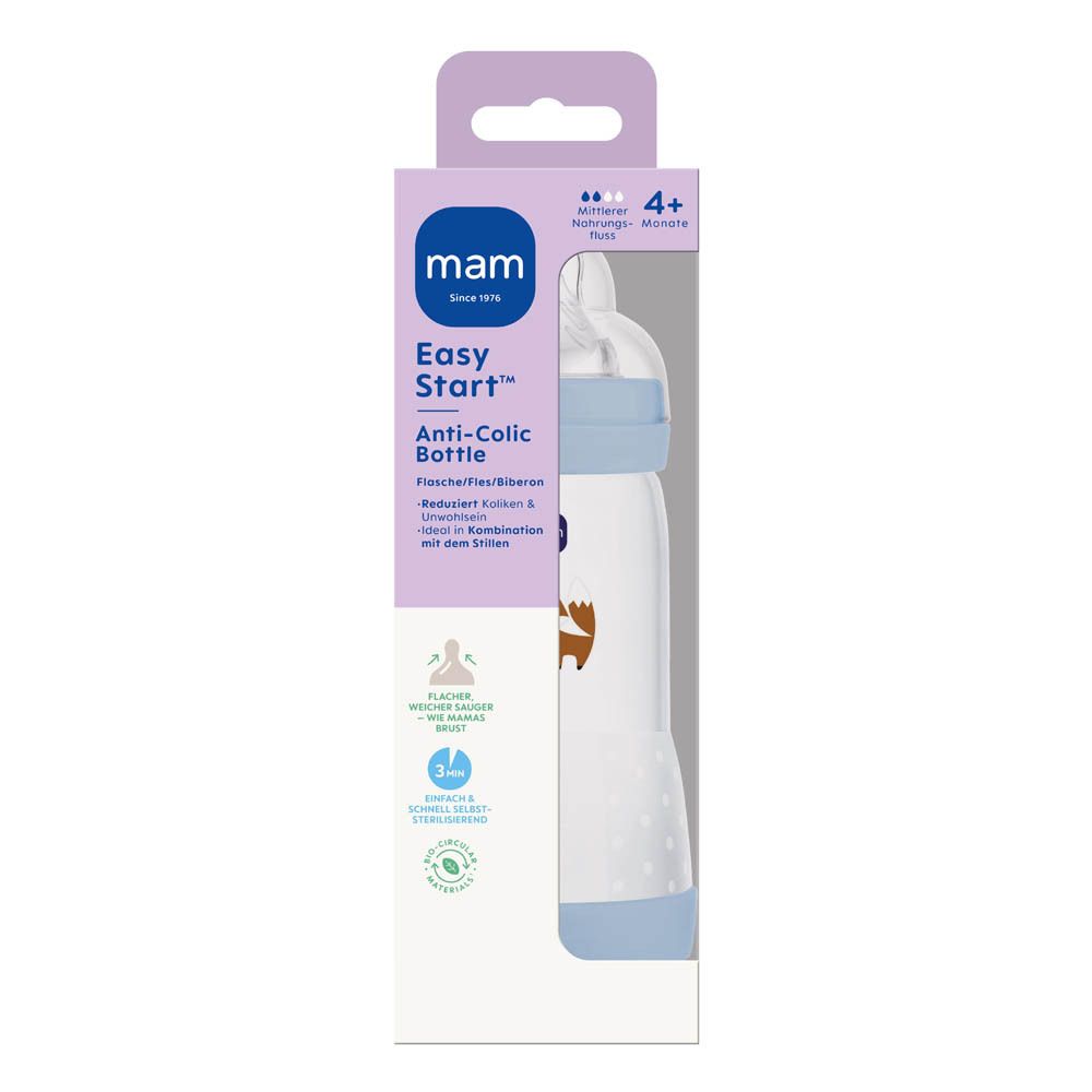 Verpakking MAM Easy Start™ Anti-Colic fles, matblauw, 4+ maanden.