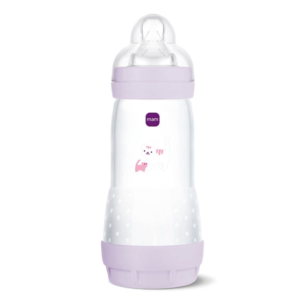 Biberon MAM Easy Start Anti-Colique lilas avec motif girafe et pois.