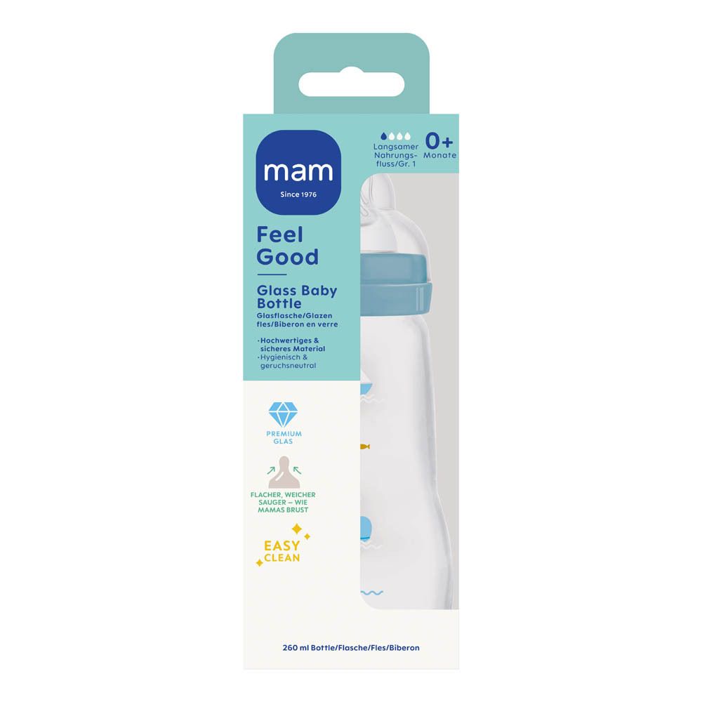 Glazen babyfles met maritiem motief en maataanduiding, 260ml.