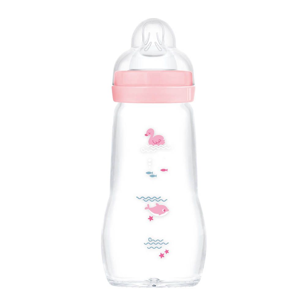 Biberon en verre avec capuchon rose et motif animal. Échelle jusqu'à 260ml.