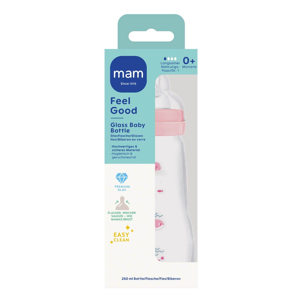 Glazen fles met roze dop en dierenmotief. Schaal tot 260ml.