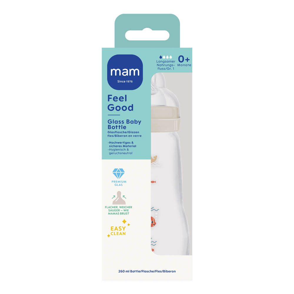 MAM Feel Good glazen fles, 260ml, met maritieme motieven.