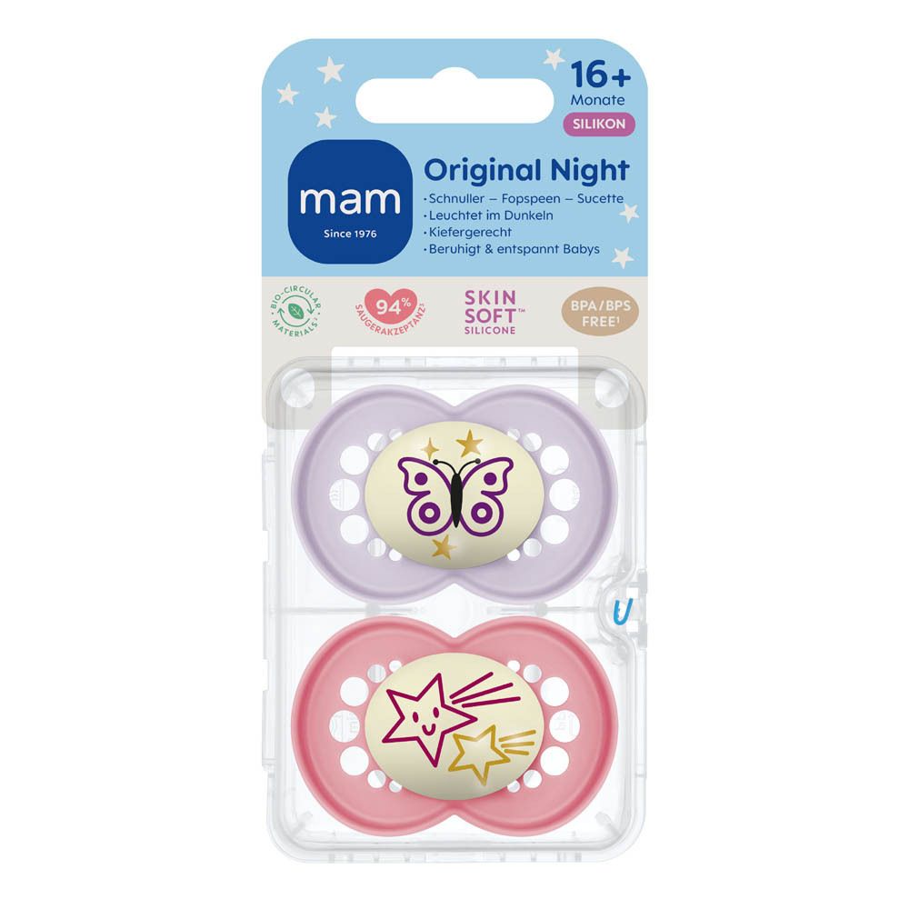 Twee MAM Original Nacht Fopspeen Siliconen Roze 16m+ met ster- en vlindermotief.