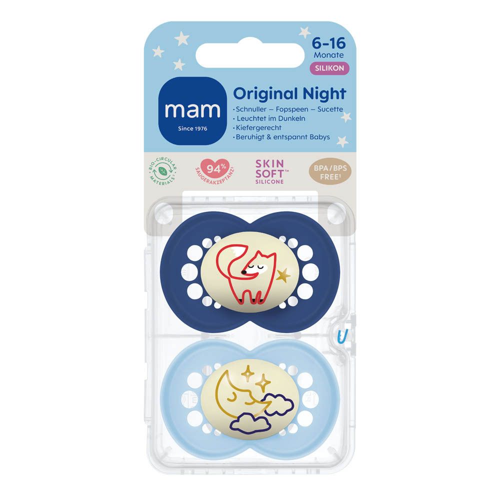 Deux sucettes MAM Original Night pour 6-16 mois, silicone, phosphorescentes, avec motifs renard et lune.