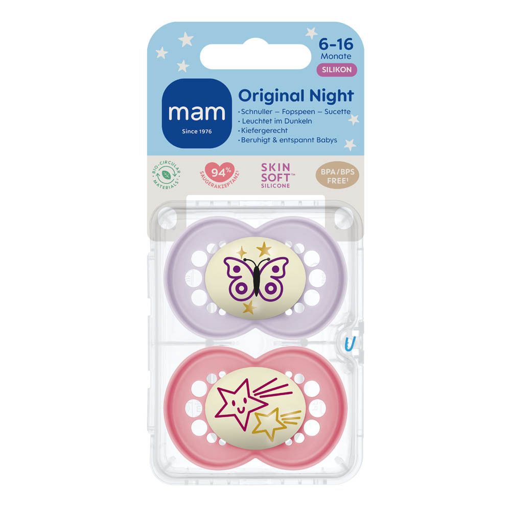 Twee MAM Original Night fopspenen van siliconen in roze en paars, 6-16 maanden.