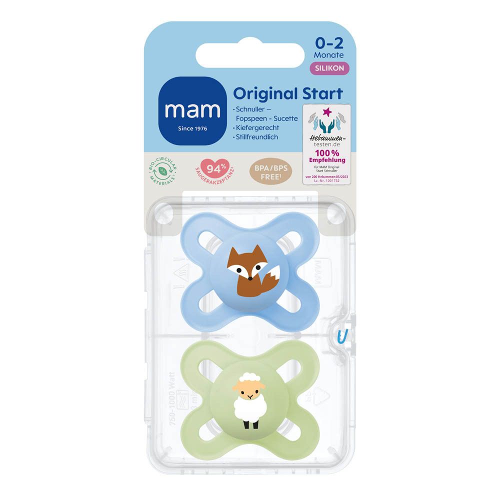 Twee MAM Original Start spenen (0-2 maanden) in blauw en beige met dierenmotieven, in blisterverpakking.