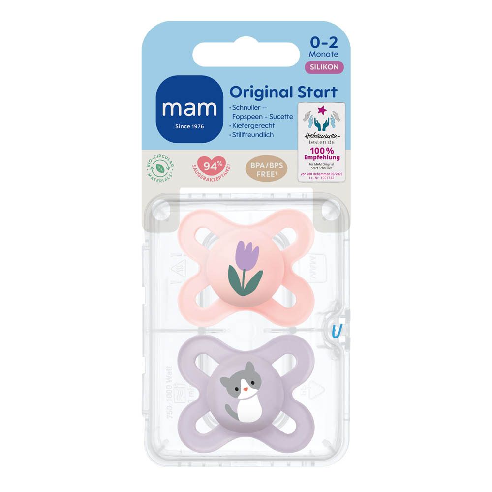 Twee MAM Original Start spenen van siliconen in roze en lichtgrijs, 0-2 maanden, met dierenmotieven.