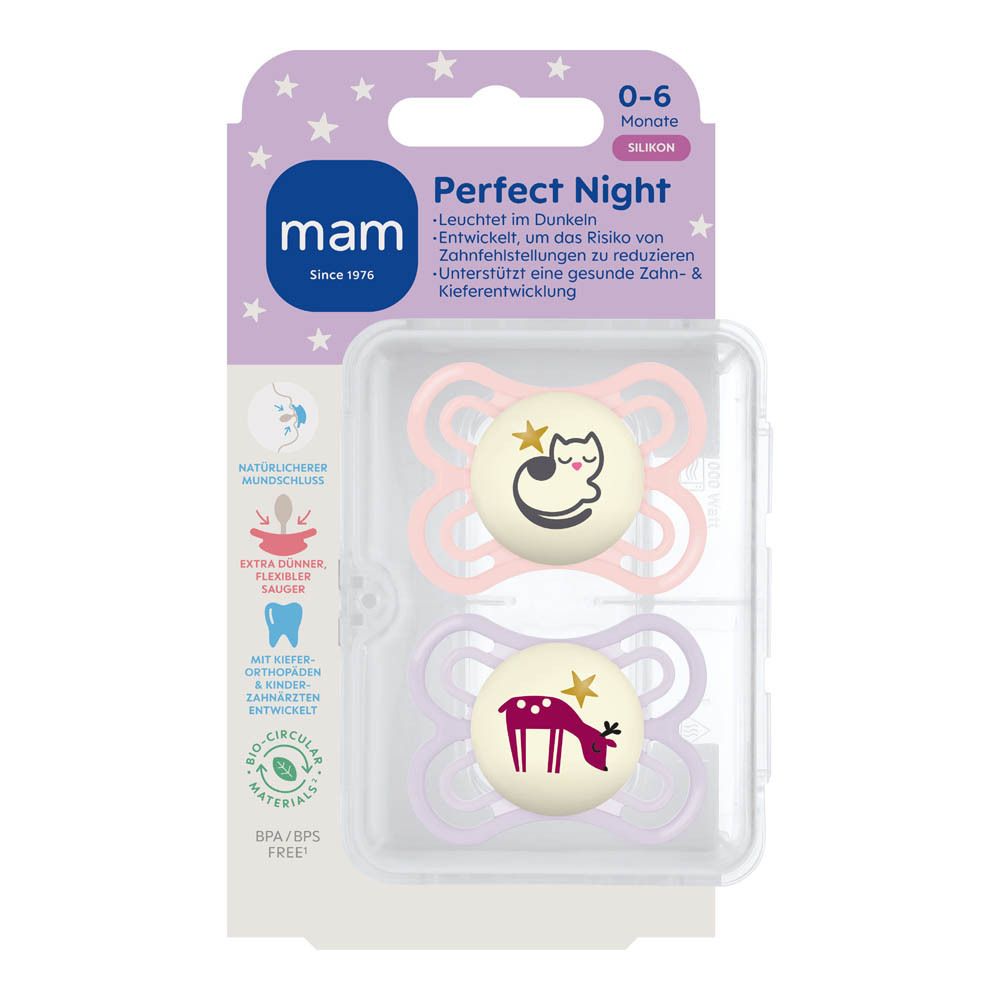 Verpakking MAM Perfect Night spenen, 0-6 maanden, siliconen, roze. Bevat twee spenen.