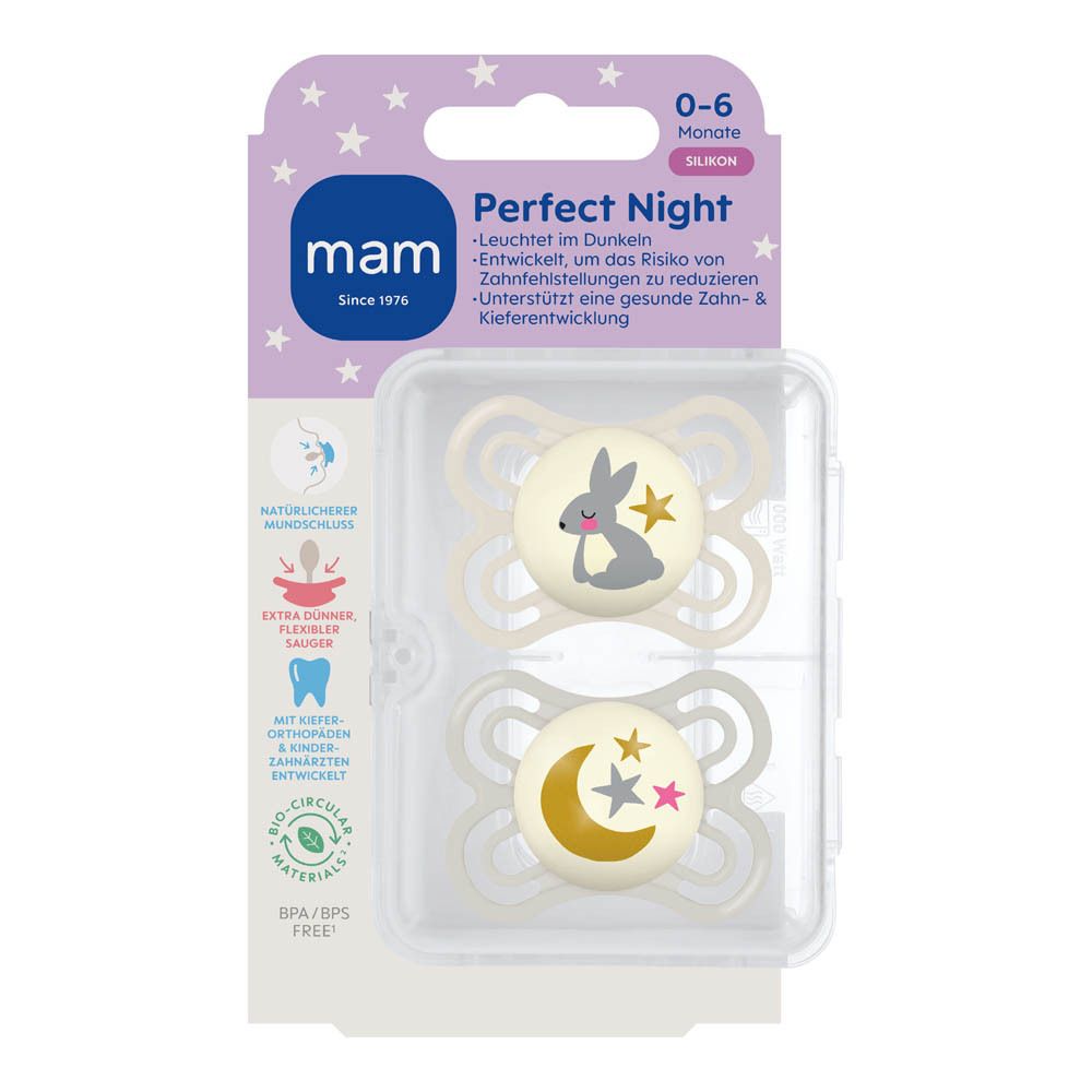 Twee MAM Perfect Night fopspenen (roze/geel) van siliconen voor 0-6 maanden, met dierenmotieven, lichtgevend in het donker.
