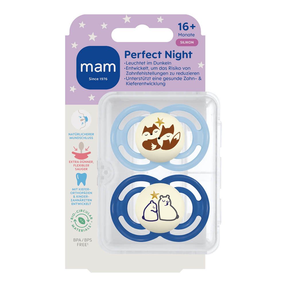 Twee MAM Perfect Night spenen van siliconen in blauw, 16+ maanden, met dierenmotieven.