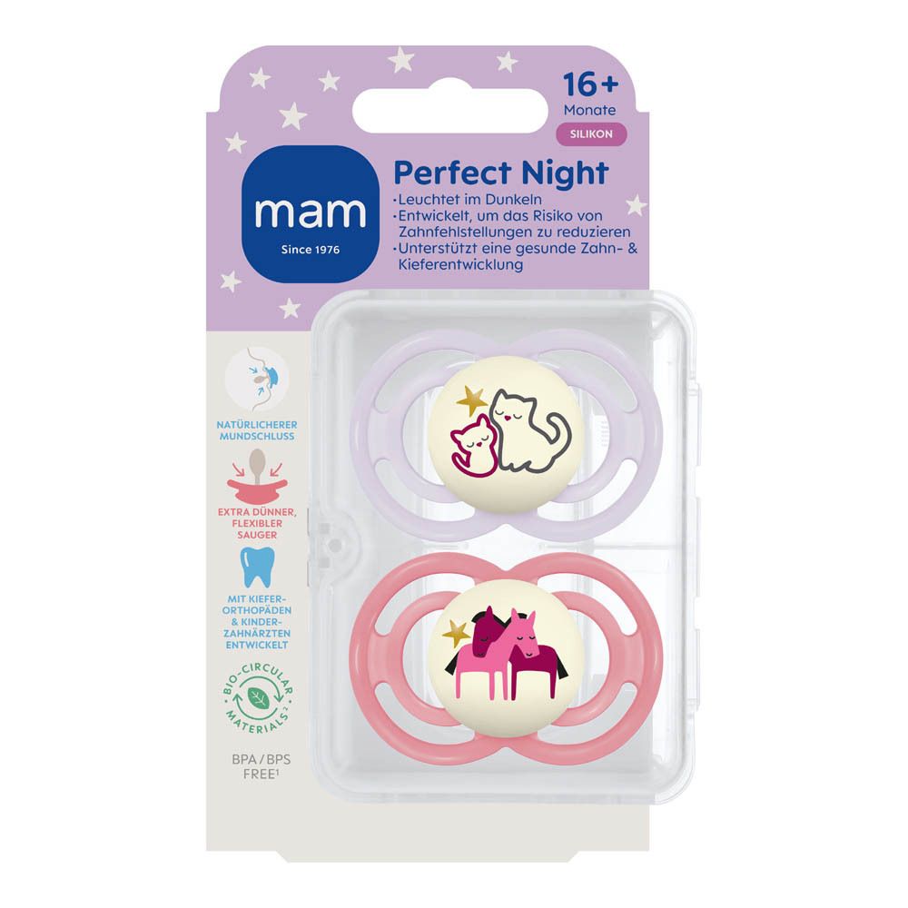 Deux sucettes MAM Perfect Night en silicone, 16+ mois, motif animal, une rose, une lilas.