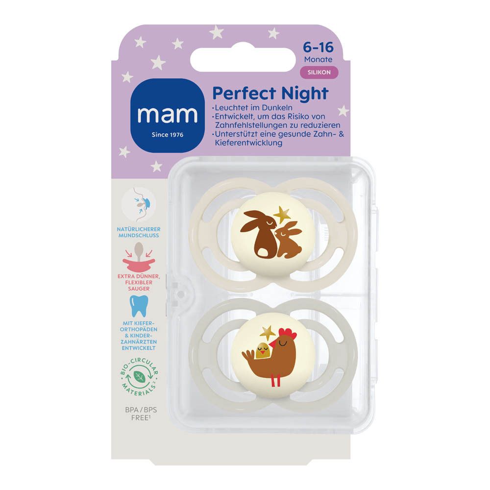 Twee MAM Perfect Night spenen van siliconen, 6-16 maanden, met dierenmotieven (dinosaurus, vos). Lichtgevend in het donker.