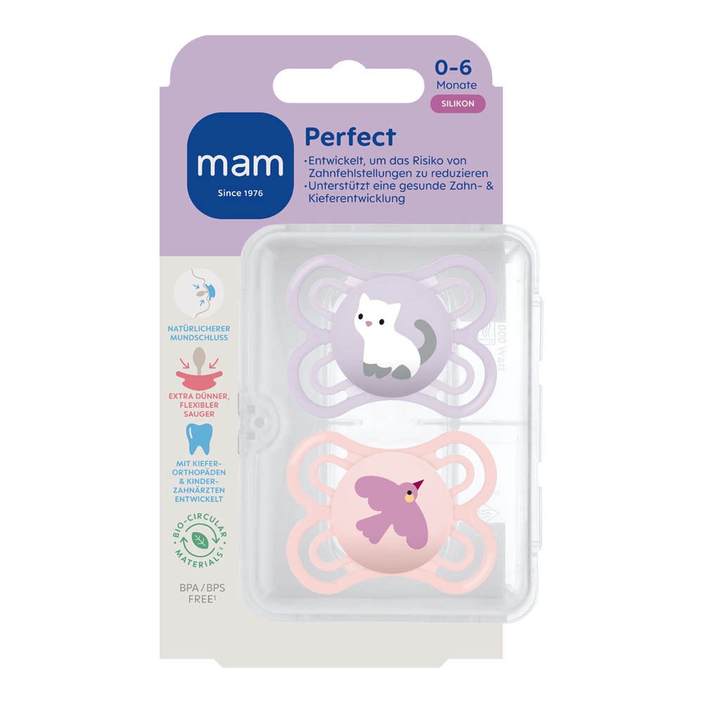 Twee MAM Perfect fopspeentjes van siliconen, 0-6 maanden, lila met kat en roze met vogel.