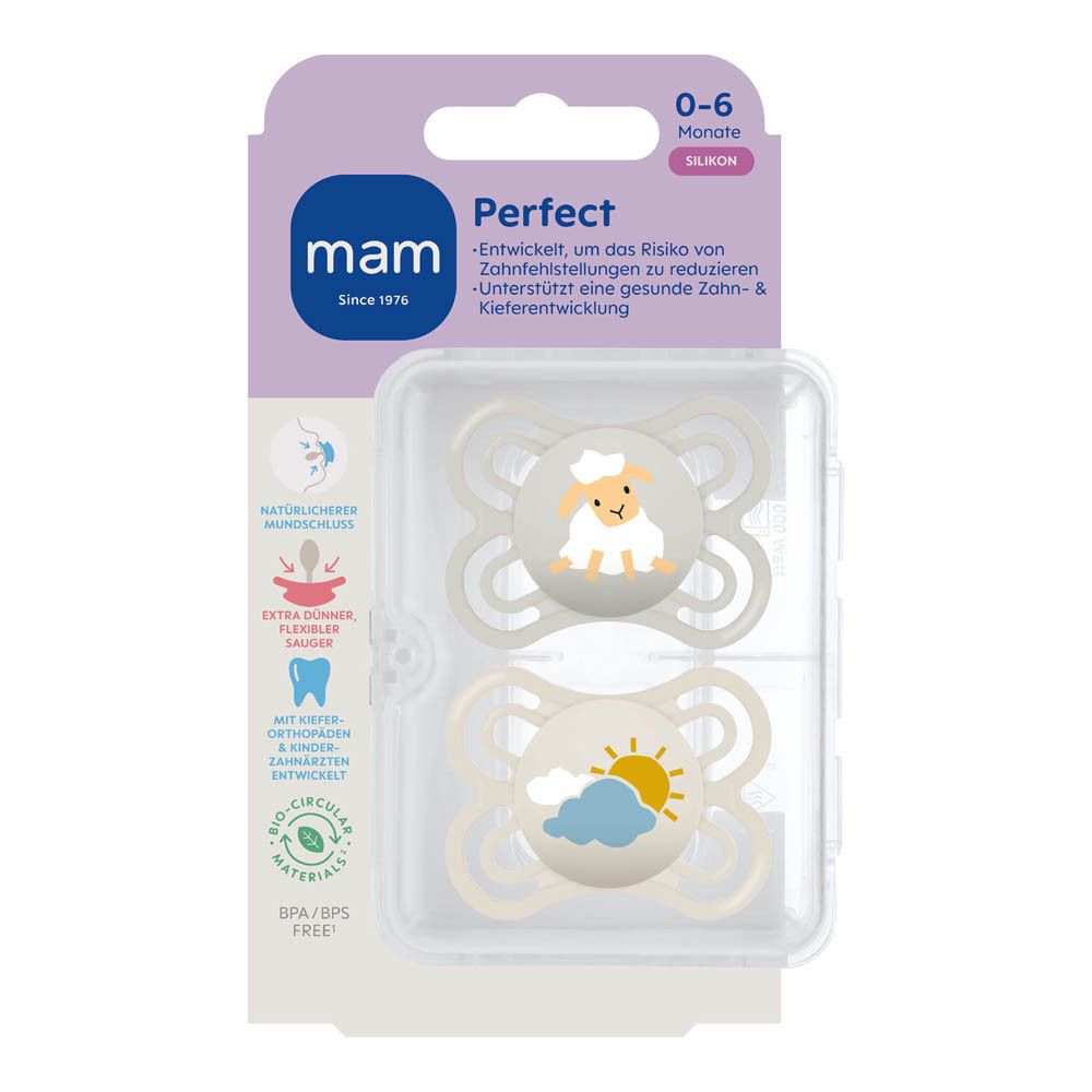 Twee MAM Perfect siliconen fopspenen voor 0-6 maanden, met egel- en leeuwenmotief.