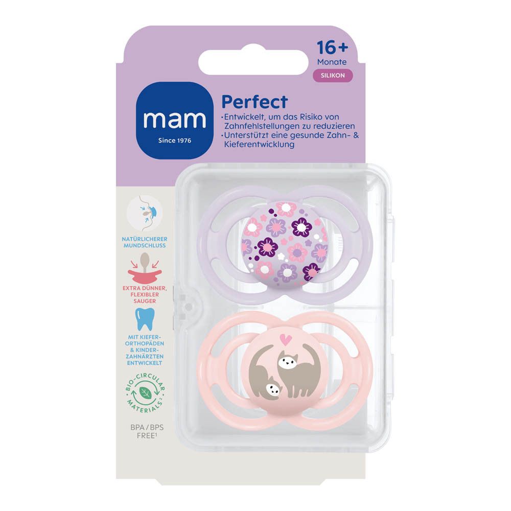 Twee roze MAM Perfect fopspeentjes met konijn- en aardbeienmotief, 16+ maanden, siliconen, BPA/BPS-vrij.