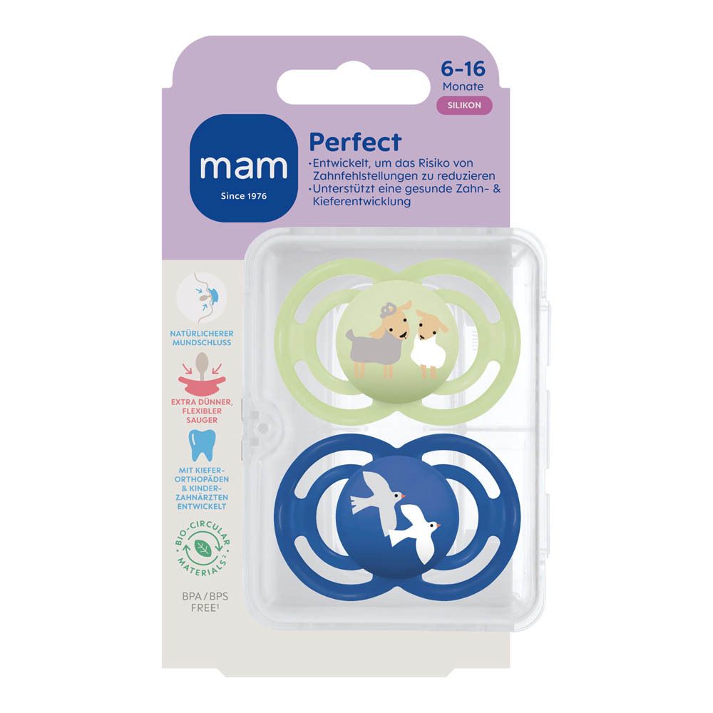 Twee blauwe MAM Perfect spenen met olifant- en berenmotief, 6-16 maanden.