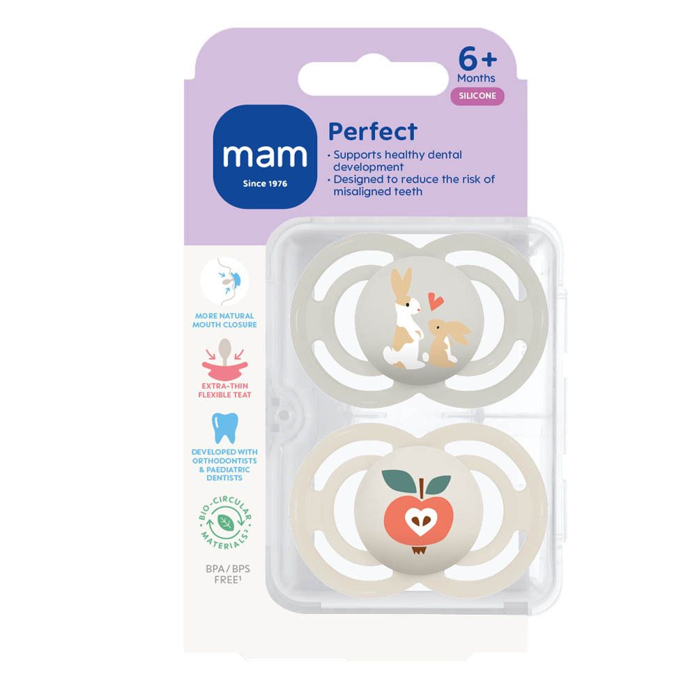 Emballage pour deux sucettes MAM Perfect, 6-16 mois, silicone, avec illustrations de tigres et hérissons.